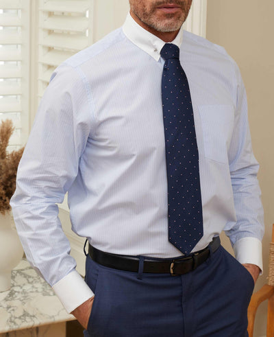 Sky Blue White Stripe Classic Fit Pin Collar Formal Shirt With White Collar & Cuffs - Double Cuff