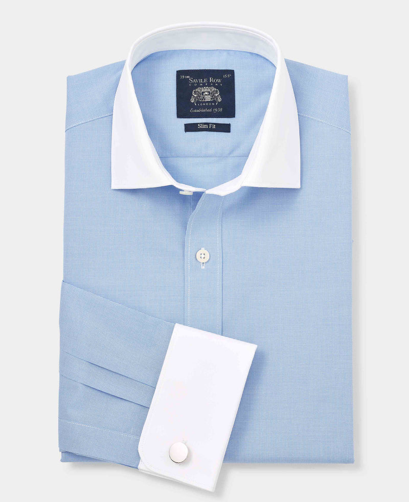 Blue Cotton Micro Check Slim Fit Winchester Formal Shirt - Double Cuff