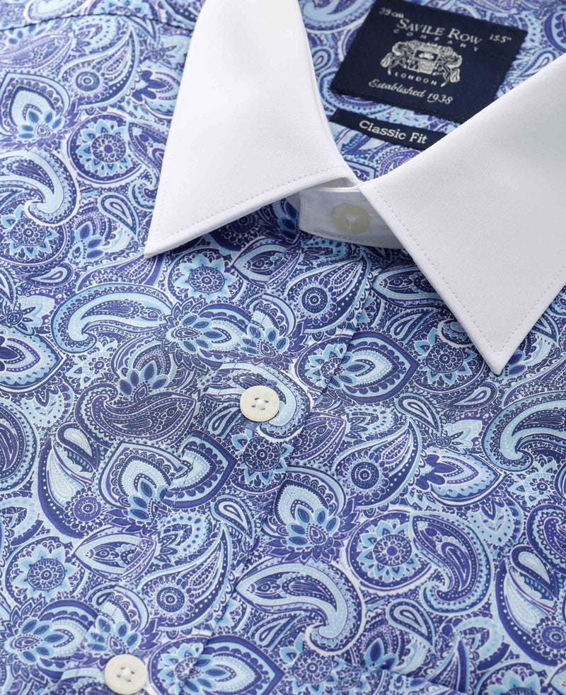 Blue Cotton Paisley Print Classic Fit Winchester Formal Shirt - Double Cuff