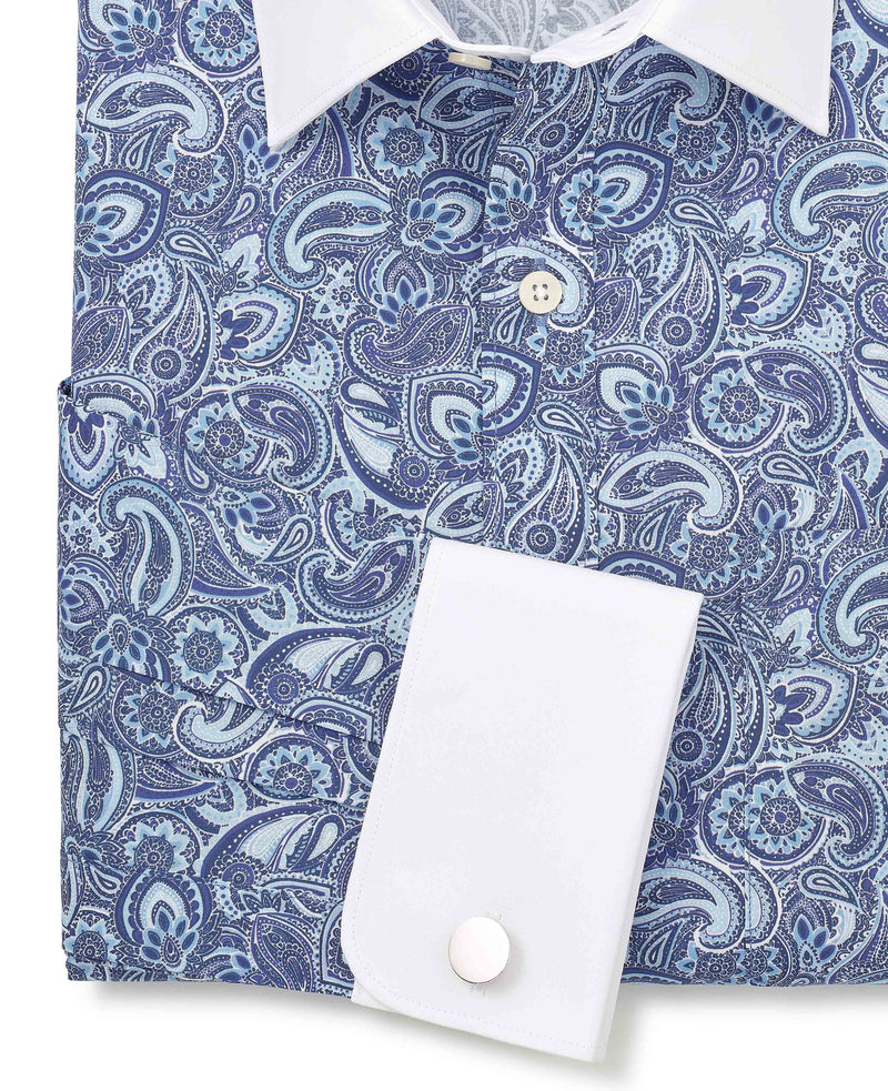 Blue Cotton Paisley Print Classic Fit Winchester Formal Shirt - Double Cuff