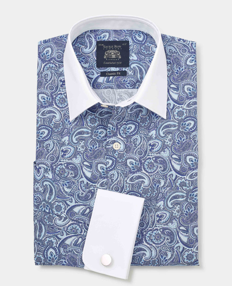 Blue Cotton Paisley Print Classic Fit Winchester Formal Shirt - Double Cuff