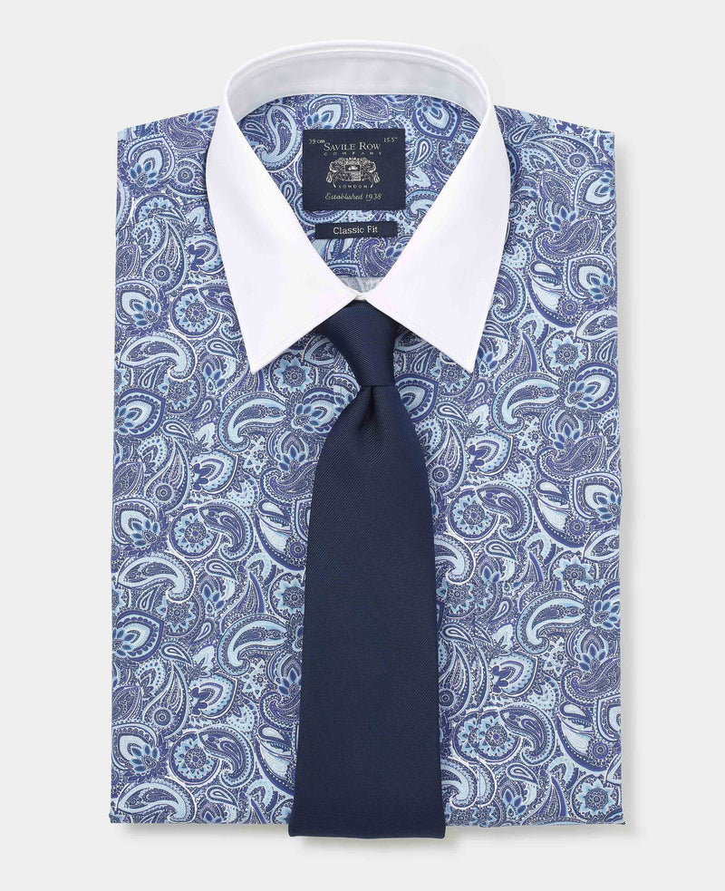 Blue Cotton Paisley Print Classic Fit Winchester Formal Shirt - Double Cuff
