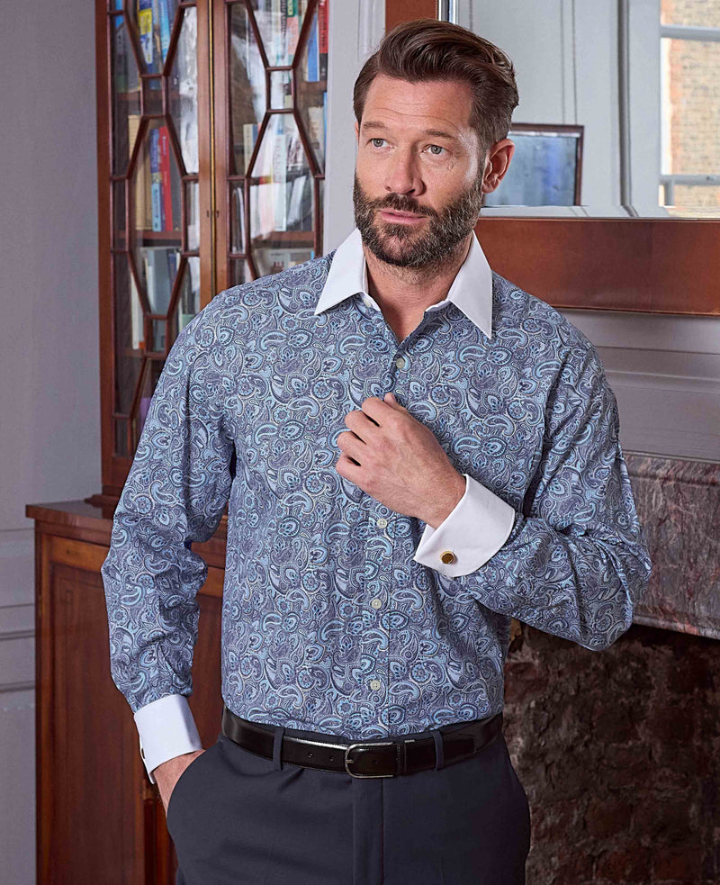 Blue Cotton Paisley Print Classic Fit Winchester Formal Shirt - Double Cuff