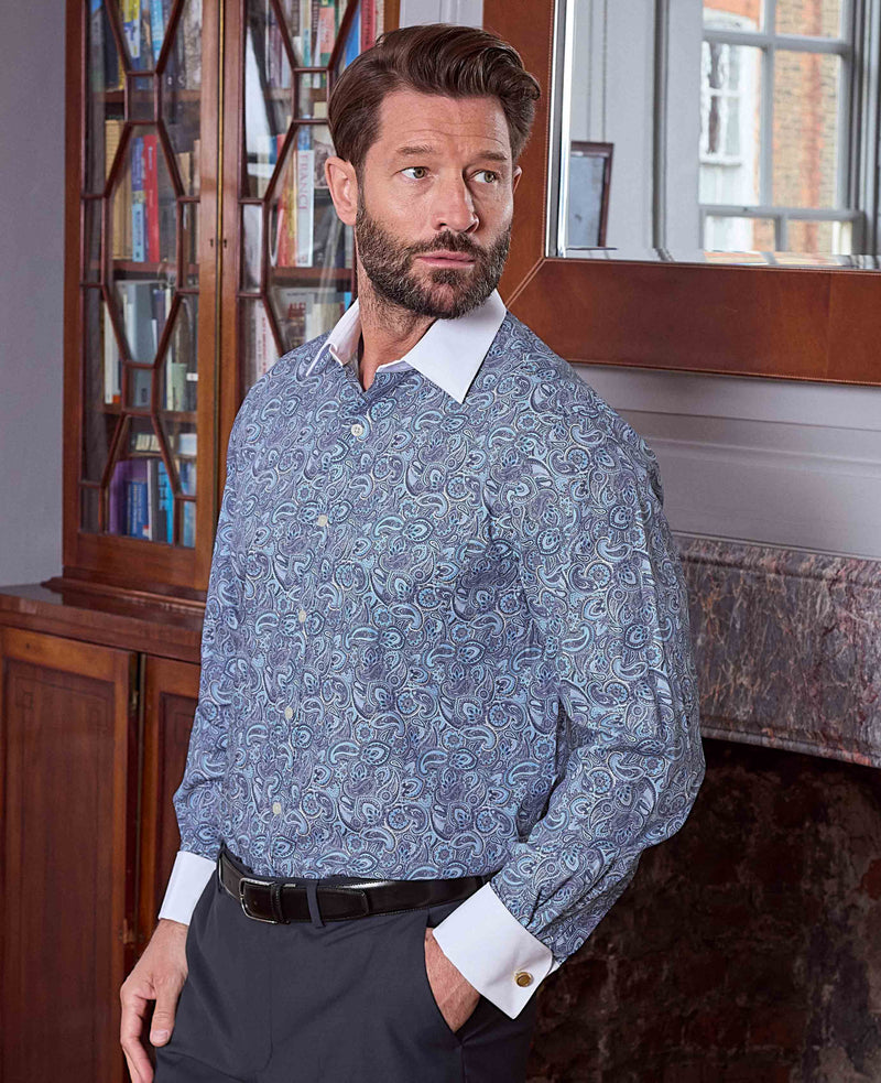 Blue Cotton Paisley Print Classic Fit Winchester Formal Shirt - Double Cuff