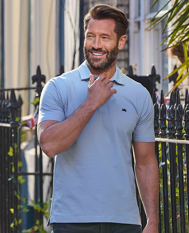 Men's Blue Cotton Pique Short Sleeve Polo Shirt model shot