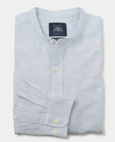 Blue Linen Cotton Stripe Classic Fit Grandad Collar Casual Shirt
