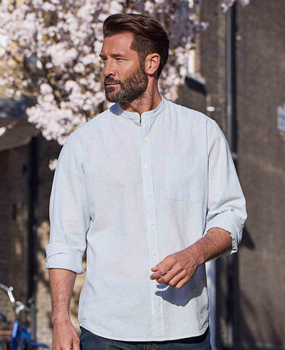 Blue Linen Cotton Stripe Classic Fit Grandad Collar Casual Shirt