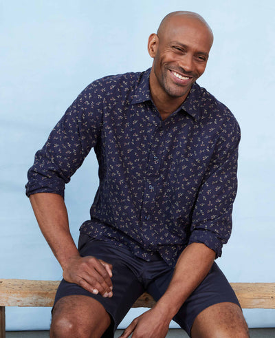 Navy Stretch Cotton Classic Fit Floral Casual Shirt