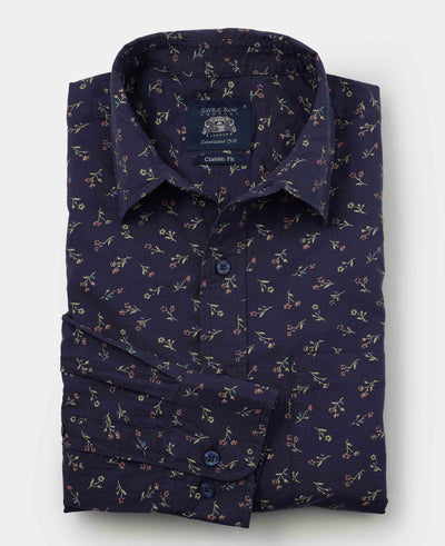 Navy Stretch Cotton Classic Fit Floral Casual Shirt