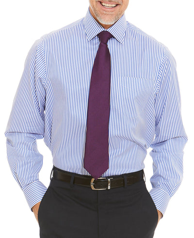 Blue Twill Stripe Classic Fit Non-Iron Shirt - Single Cuff Model Shot With Tie
