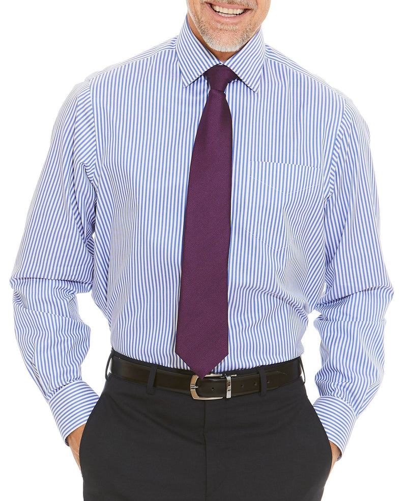 Blue Twill Stripe Classic Fit Non-Iron Shirt - Single Cuff Model Shot With Tie