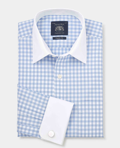 Blue White Cotton Gingham Check Classic Fit Winchester Formal Shirt - Double Cuff