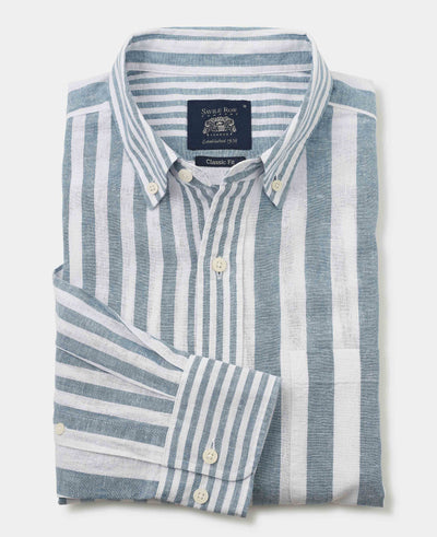 Blue White Variegated Stripe Cotton Linen Classic Fit Button-Down Casual Shirt