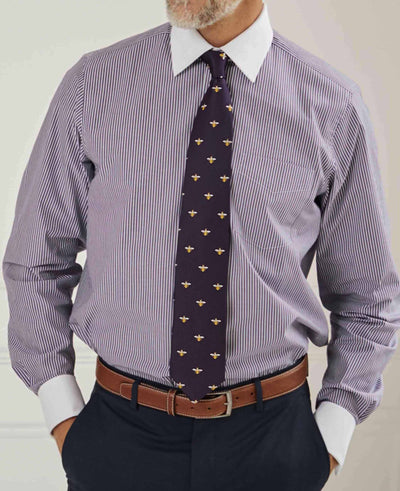 Dark Navy White Stripe Cotton Poplin Classic Fit Formal Shirt - Double White Cuff & White Collar