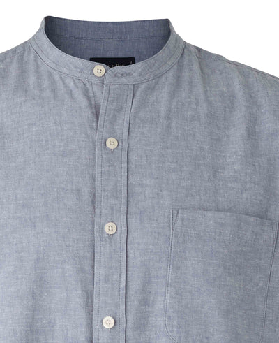 Denim Blue Linen Cotton Classic Fit Grandad Collar Casual Shirt
