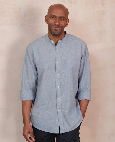 Denim Blue Linen Cotton Classic Fit Grandad Collar Casual Shirt