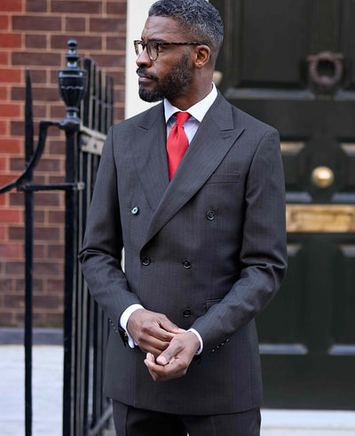 Grey Wool Blend Chalk Stripe Double Breasted Tailored Suit
