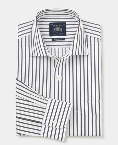 Khaki White Stripe Cotton Classic Fit Formal Shirt - Single Cuff