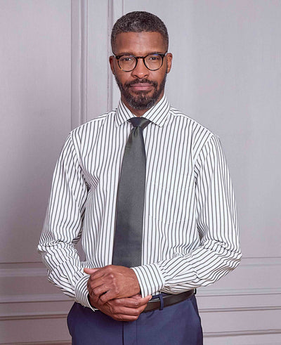 Khaki White Stripe Cotton Classic Fit Formal Shirt - Single Cuff