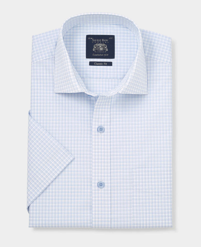 Light Blue Cotton Check Classic Fit Short Sleeve Formal Shirt
