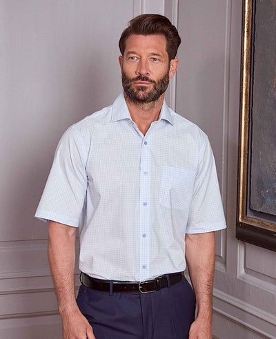 Light Blue Cotton Check Classic Fit Short Sleeve Formal Shirt