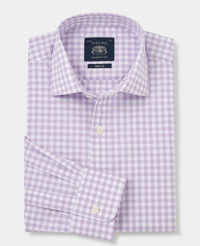 Lilac Cotton Gingham Check Slim Fit Formal Shirt - Single Cuff
