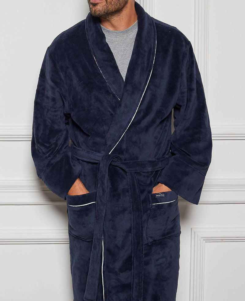 Navy Fleece Dressing Gown With Piping
