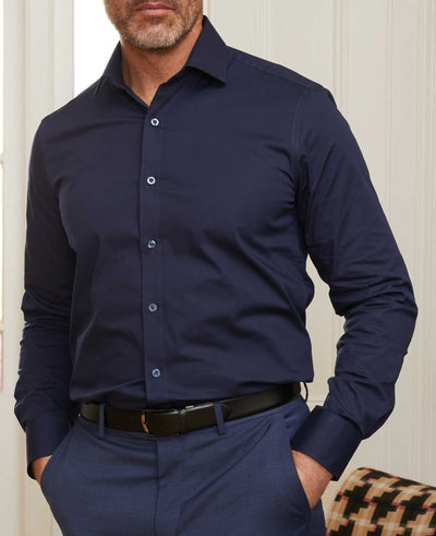 Navy Slim Fit Stretch Formal Shirt - Single Cuff