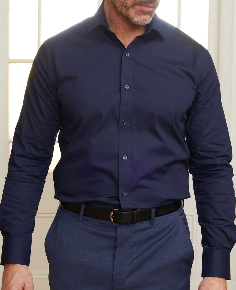 Navy Slim Fit Stretch Formal Shirt - Single Cuff