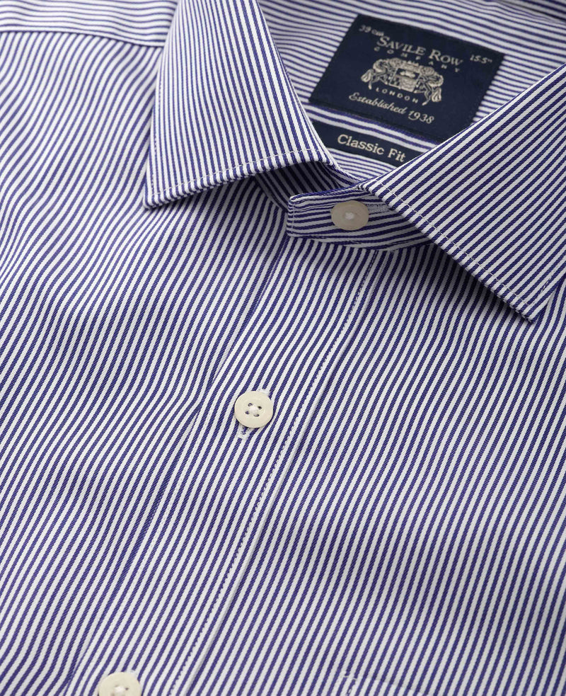 Navy Cotton Twill Classic Fit Striped Formal Shirt - Single Cuff