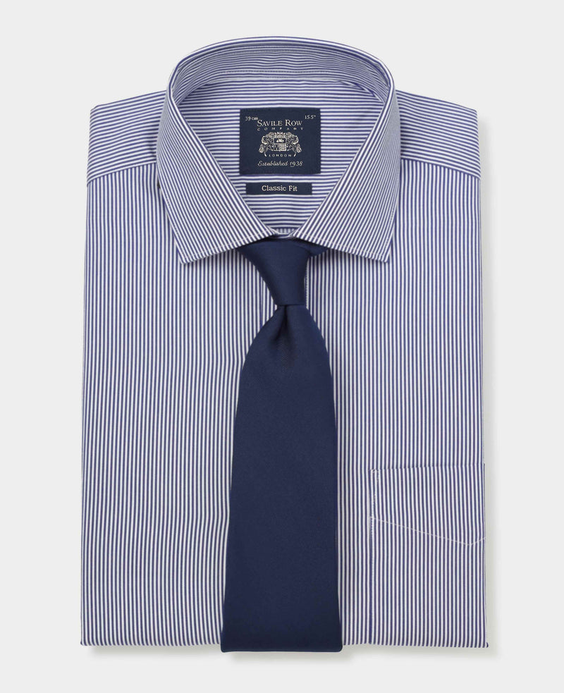 Navy Cotton Twill Classic Fit Striped Formal Shirt - Single Cuff