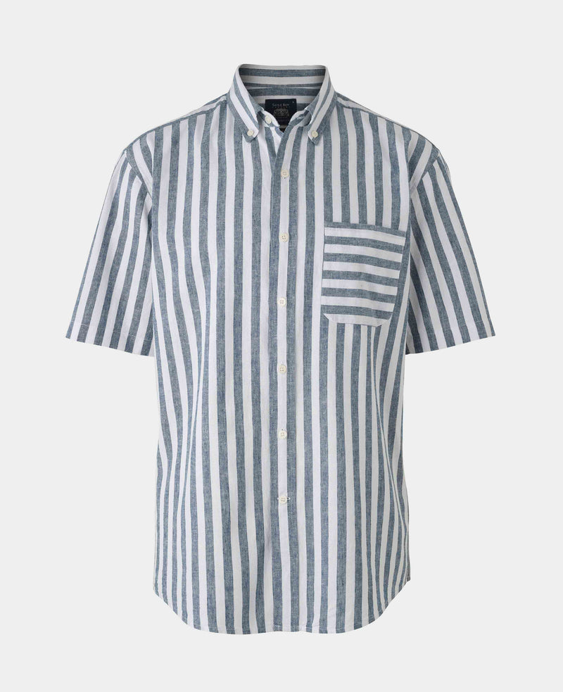 Navy White Bold Stripe Linen Cotton Classic Fit Short Sleeve Shirt