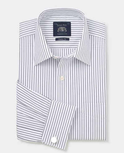 Navy White Stripe Cotton Classic Fit Formal Shirt - Double Cuff