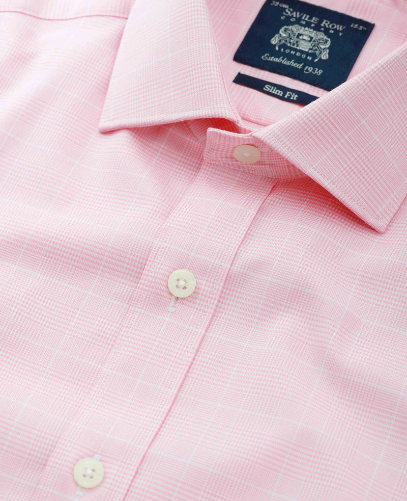 Pink White Cotton Prince of Wales Check Slim Fit Formal Shirt - Double Cuff
