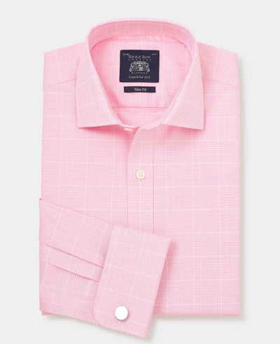 Pink White Cotton Prince of Wales Check Slim Fit Formal Shirt - Double Cuff