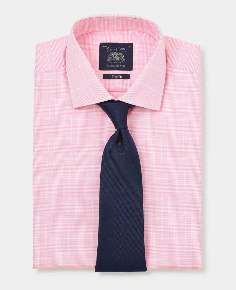 Pink White Cotton Prince of Wales Check Slim Fit Formal Shirt - Double Cuff