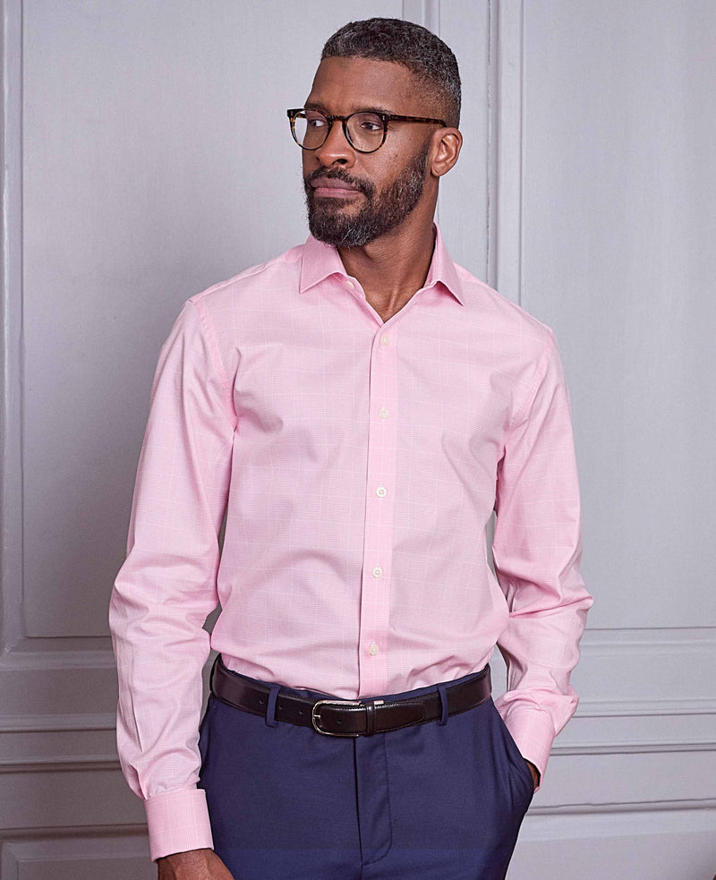 Pink White Cotton Prince of Wales Check Slim Fit Formal Shirt - Double Cuff