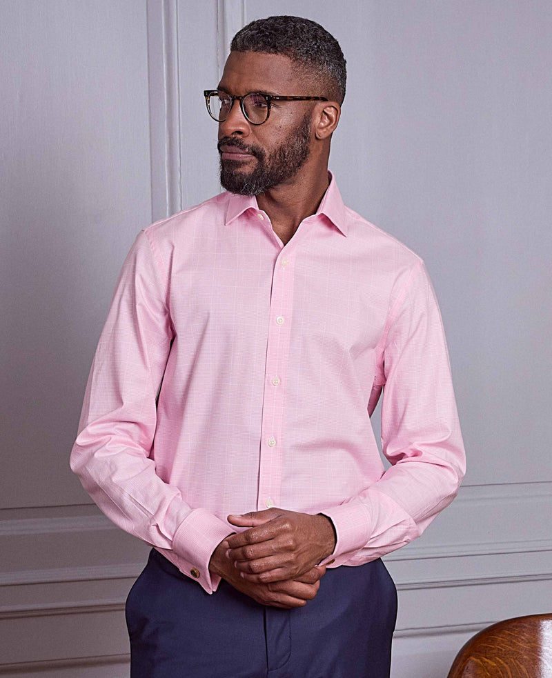 Pink White Cotton Prince of Wales Check Slim Fit Formal Shirt - Double Cuff