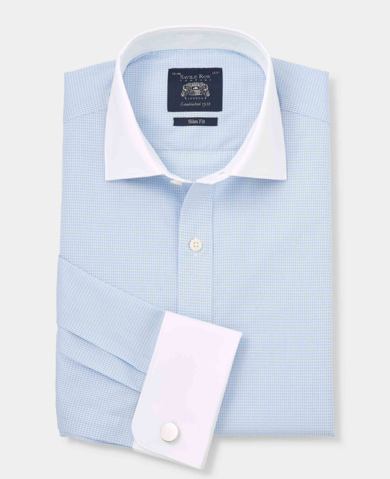 Sky Blue Cotton Gingham Check Slim Fit Winchester Formal Shirt - Double Cuff