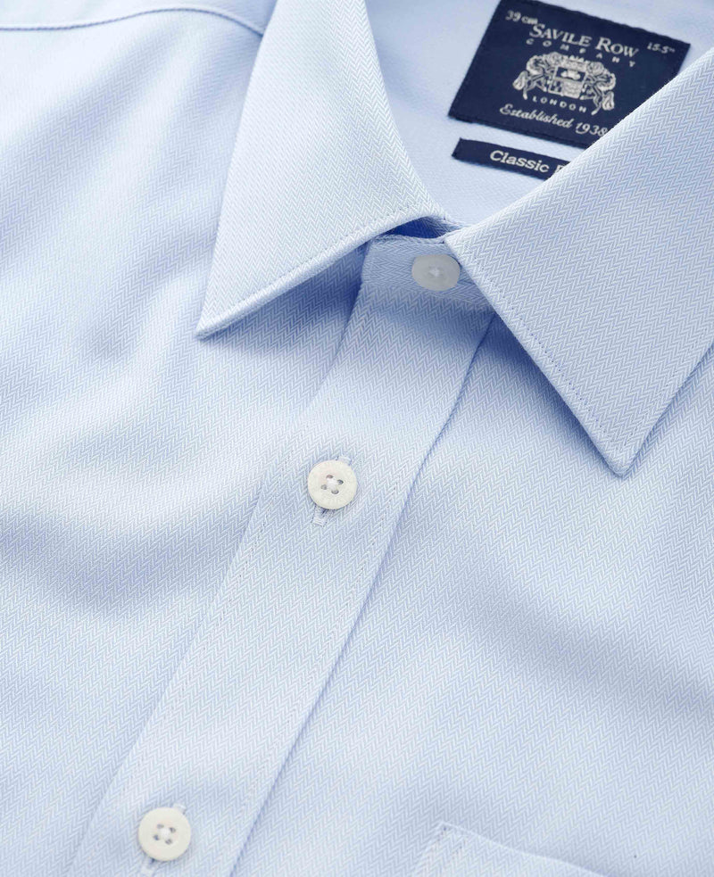 Sky Blue Textured Cotton Herringbone Classic Fit Formal Shirt - Double Cuff