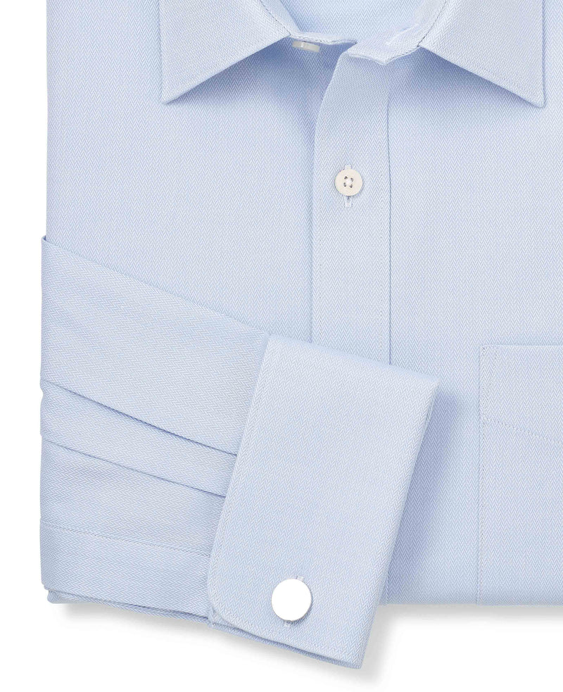 Sky Blue Textured Cotton Herringbone Classic Fit Formal Shirt - Double Cuff