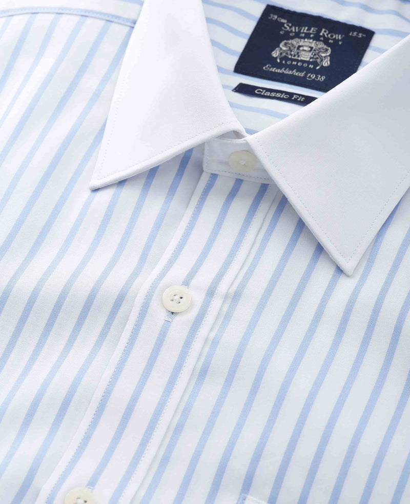 Sky Blue White Cotton Herringbone Stripe Classic Fit Winchester Formal Shirt - Double Cuff