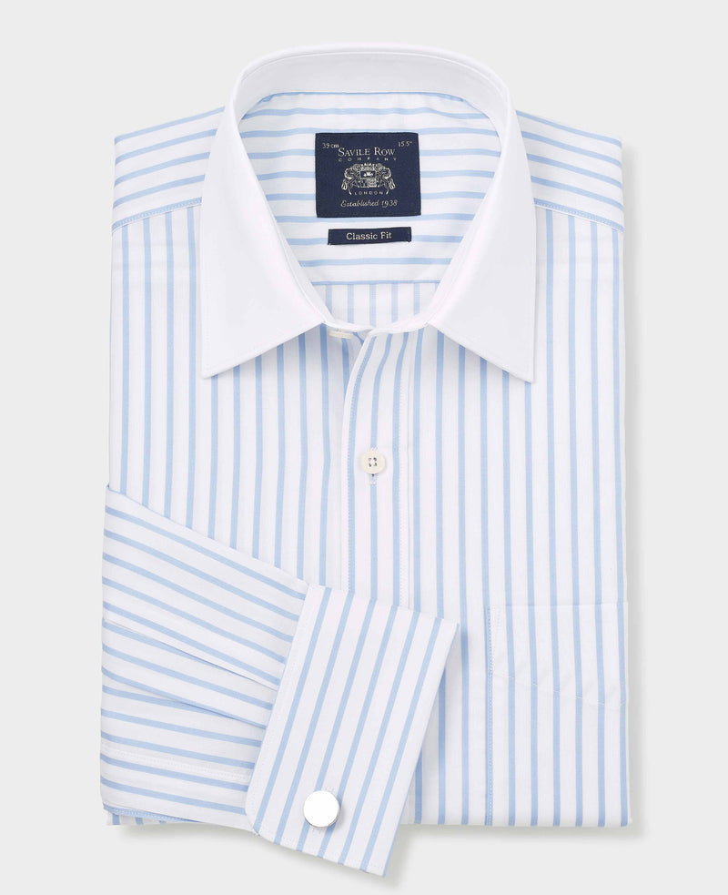 Sky Blue White Cotton Herringbone Stripe Classic Fit Winchester Formal Shirt - Double Cuff
