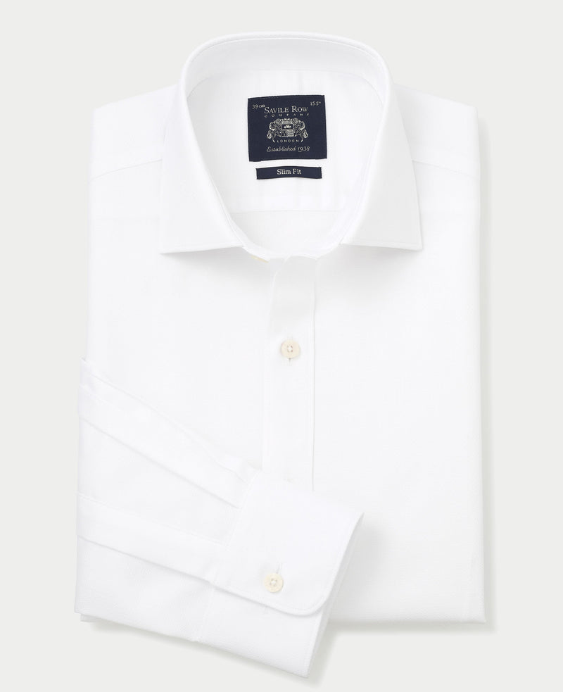 White Textured Cutaway Collar Slim Fit Shirt - Single Cuff