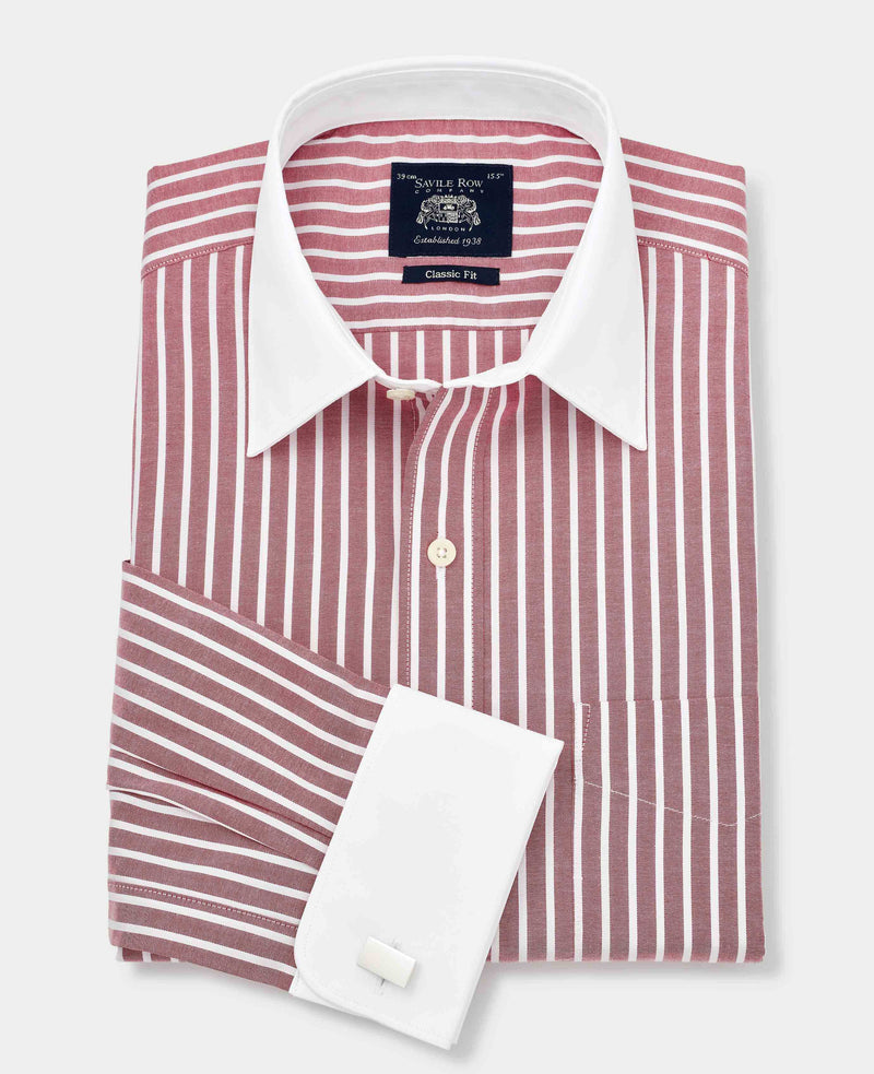 Dark Red White Stripe Classic Fit Shirt With White Collar & Cuffs - Double Cuff