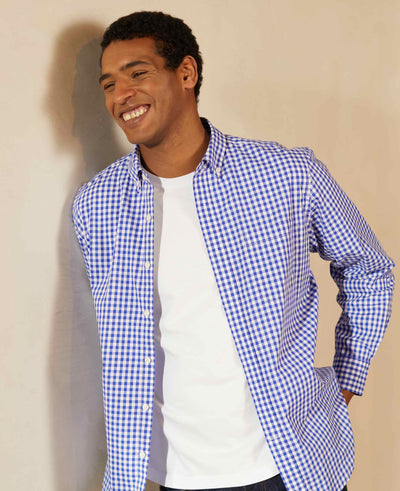 Men's Blue Check Button-Down Casual Shirt