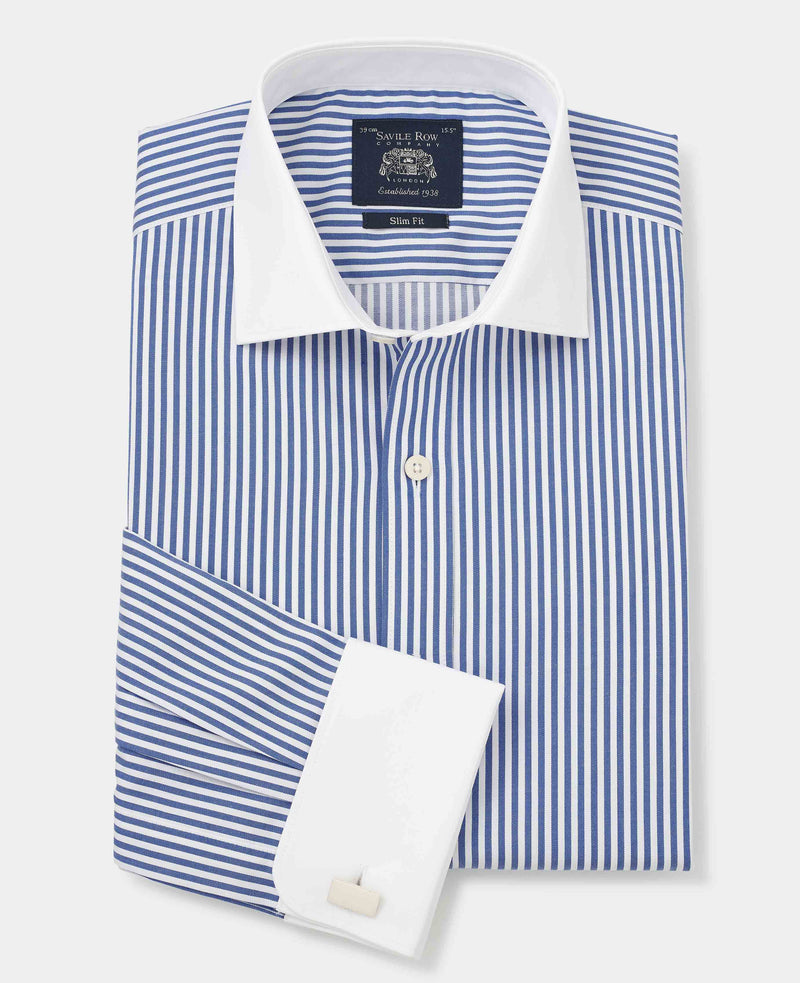 Blue Bengal Stripe Slim Fit Formal Shirt - White Double cuffs & Collar