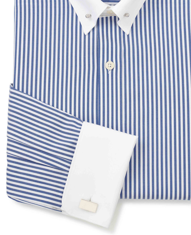 Blue Bengal Stripe Slim Fit Pin Collar Formal Shirt - White Double cuffs & Collar