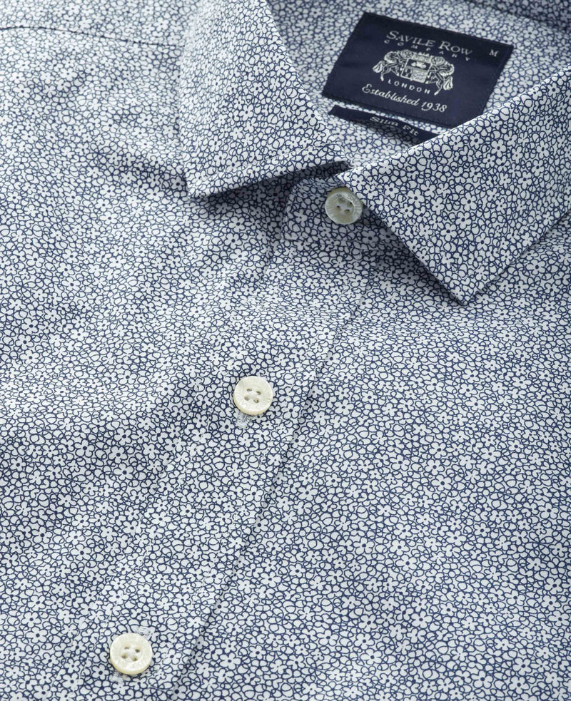 Navy White Stretch Cotton Printed Slim Fit Casual Shirt