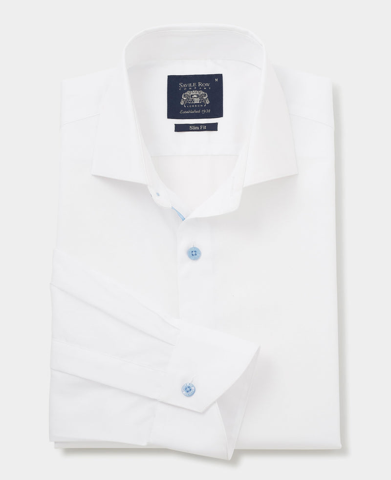 White Slim Fit Blue Button Smart-Casual Shirt - Single Cuff